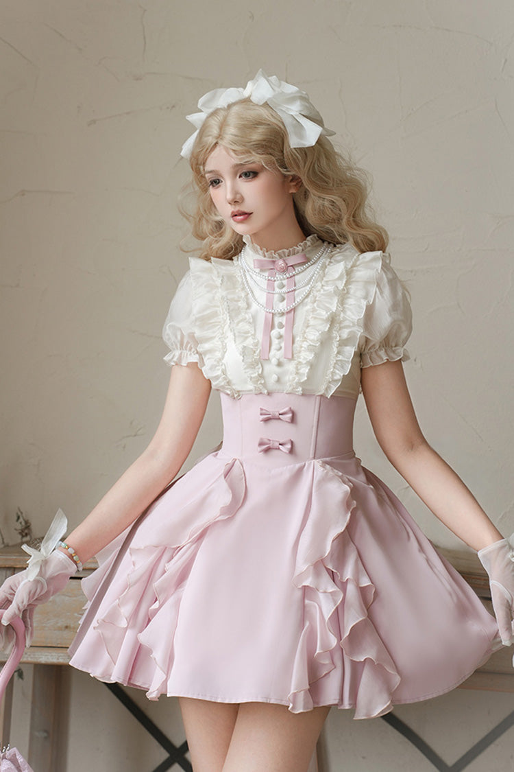 Rose/Abricot [Miss Lola] Col montant Manches courtes Volant Nœud papillon Robe Sweet Lolita 