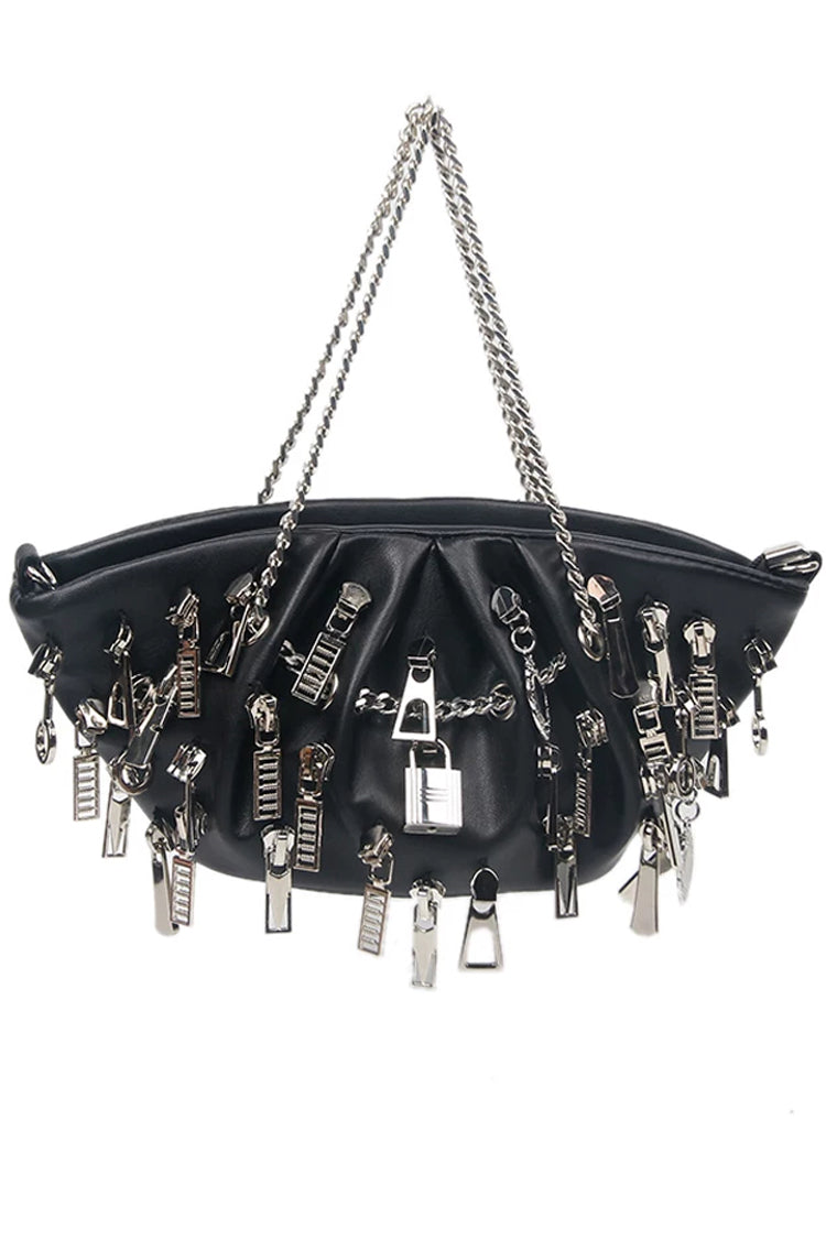 Black Zipper Chain Decorated Ruched Cloud Dumpling Metal Hardware Punk Shoulder Bag