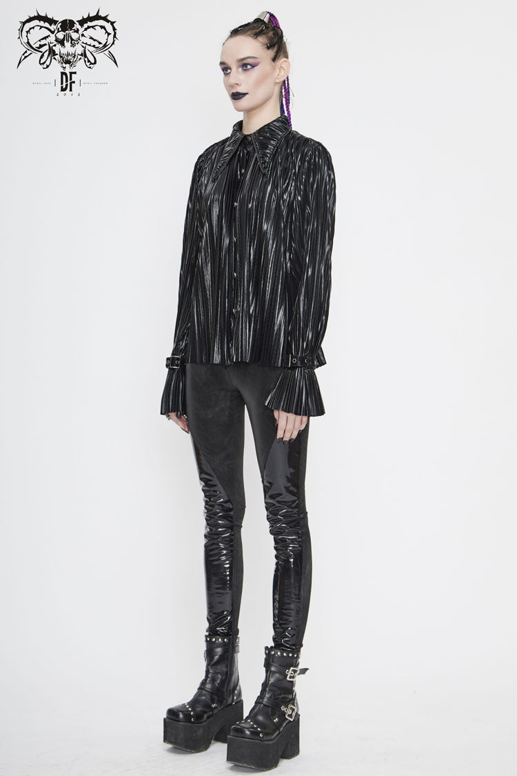 Black Metal Buckles Cuff Bright Pleated Pointed Collar Leather Loops Women's Punk Blouse