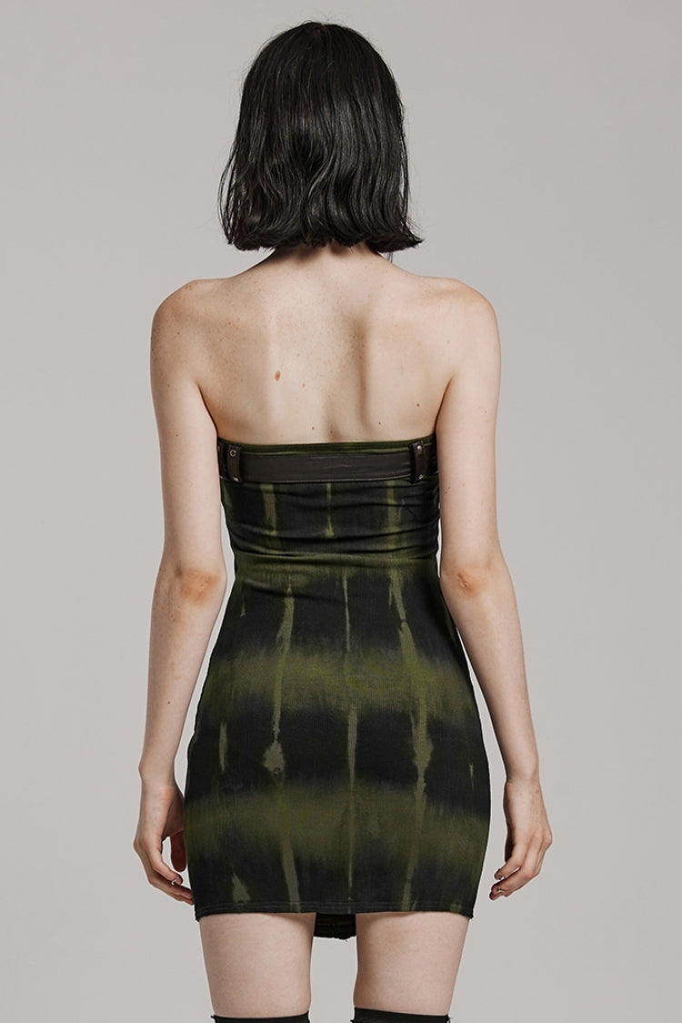 Off Shoulder Print Buckle Lace-Up Slim Women's Steampunk Strapless Dress 2 Colors