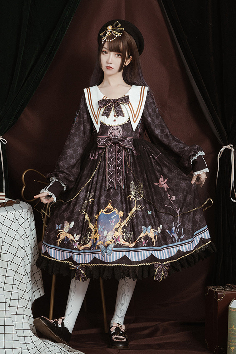 Black Navy Collar Long Sleeves Butterfly Print Ruffle Bowknot Gothic Elegant Princess Lolita Dress