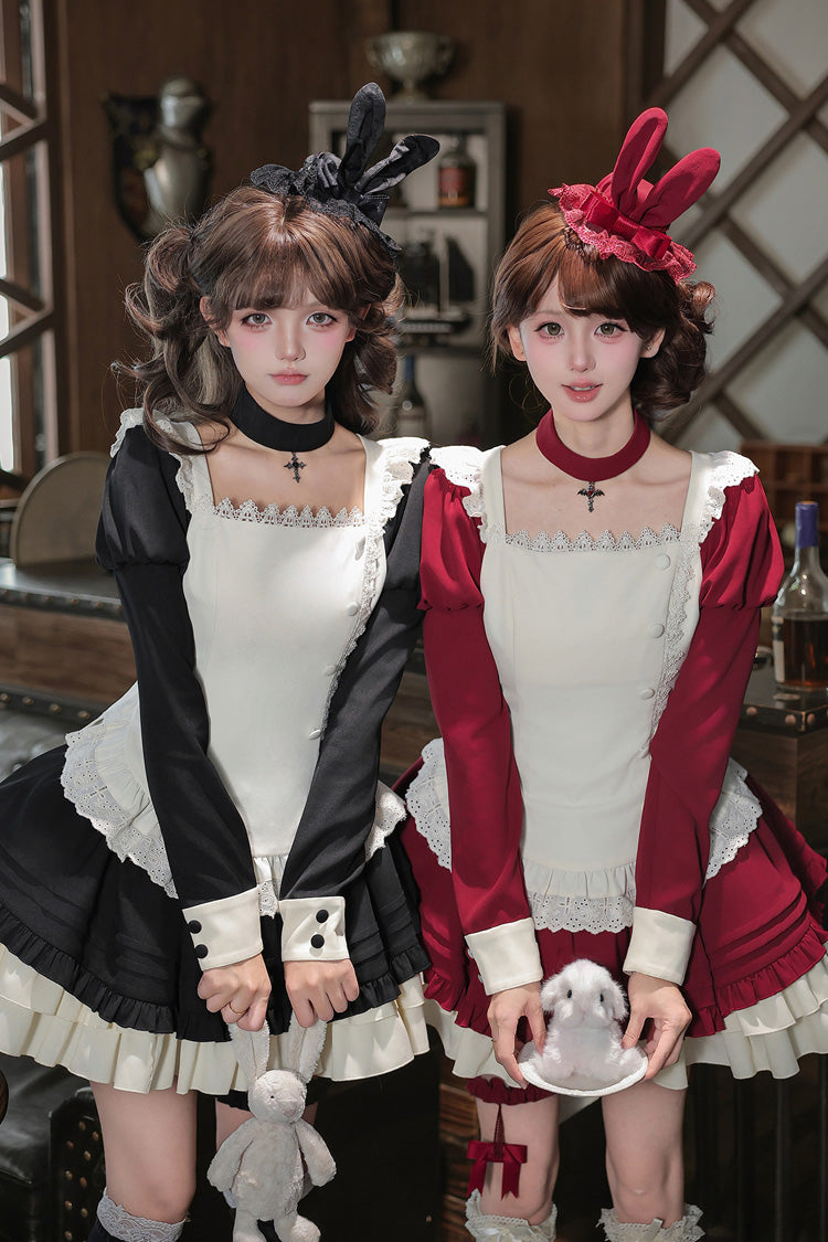 [리야] 스퀘어 칼라 롱 랜턴소매 멀티레이어 러플 클래식 엘레강트 로리타 드레스 2색 (블랙,레드)