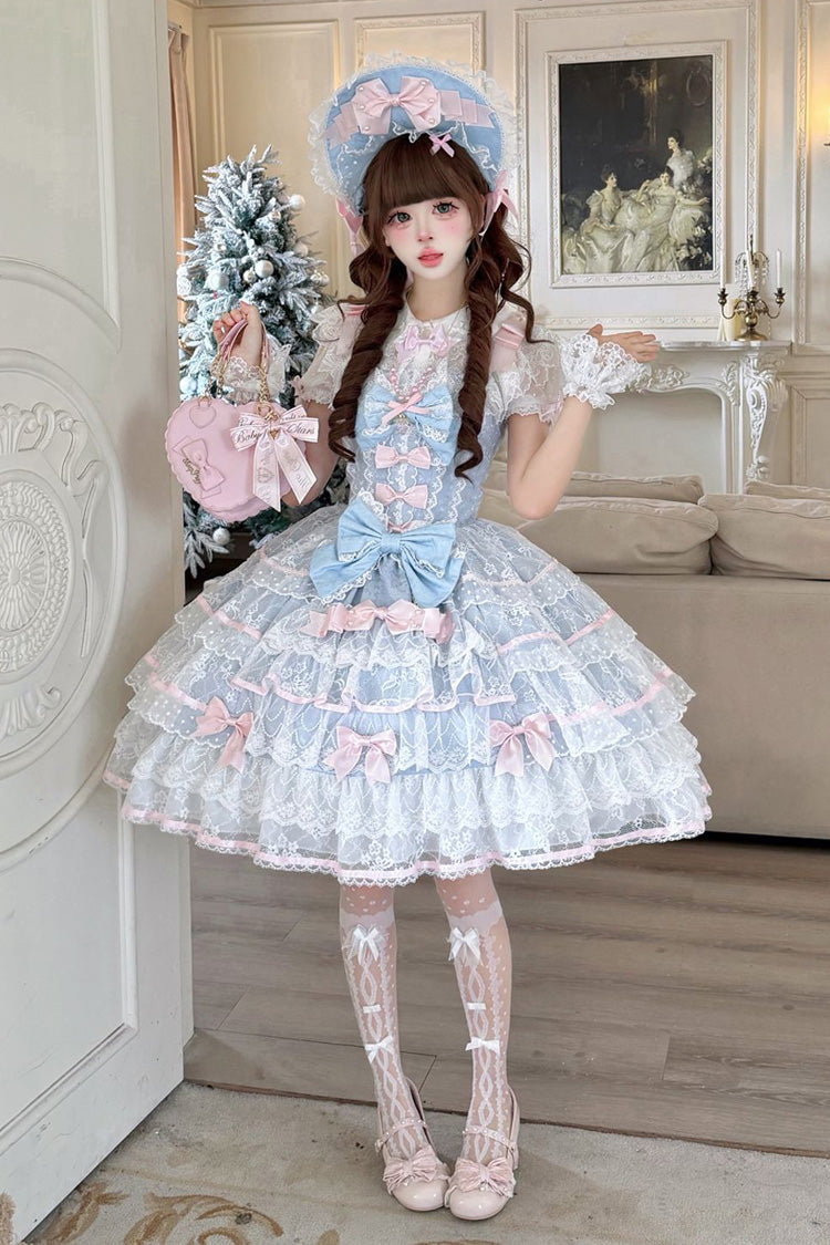 ブルー [ムーンタイドバタフライの呼び声] ノースリーブ マルチレイヤー ラッフル ボウノット レース スイート ロリータ ジャンパースカート ドレス 