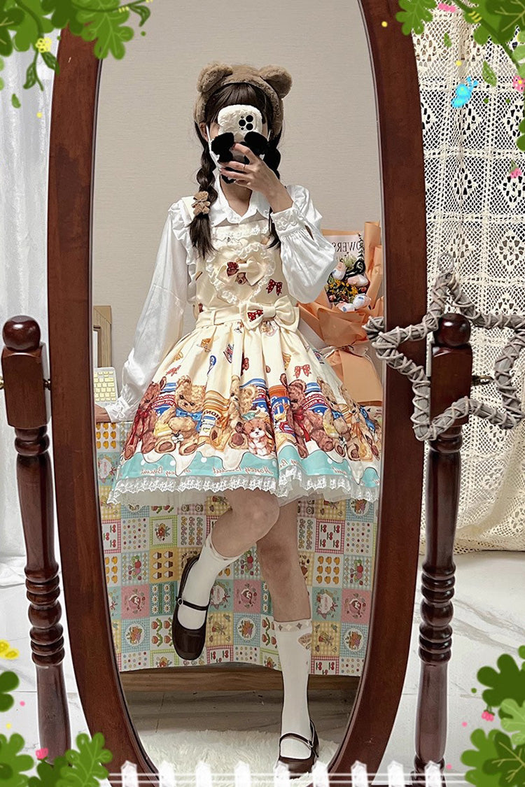 Honey Bear Cafe Print Bowknot Lace Sweet Lolita Jsk Dress 2 Colors