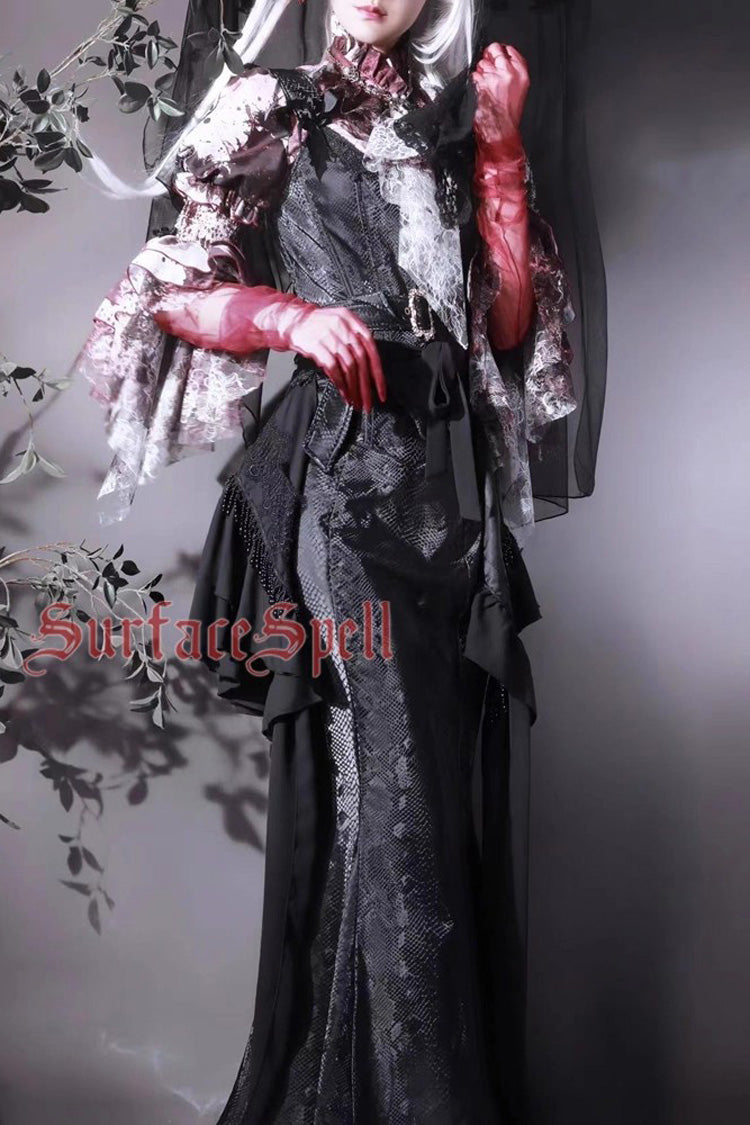 Black Faux Leather Snake Print Flared Fishbone Mermaid Gothic Lolita Skirt