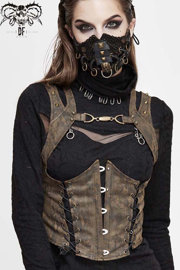 Brown Lace Up Chest Hollow Steel Buckle Rivet Strap Women's Punk Waistcoat