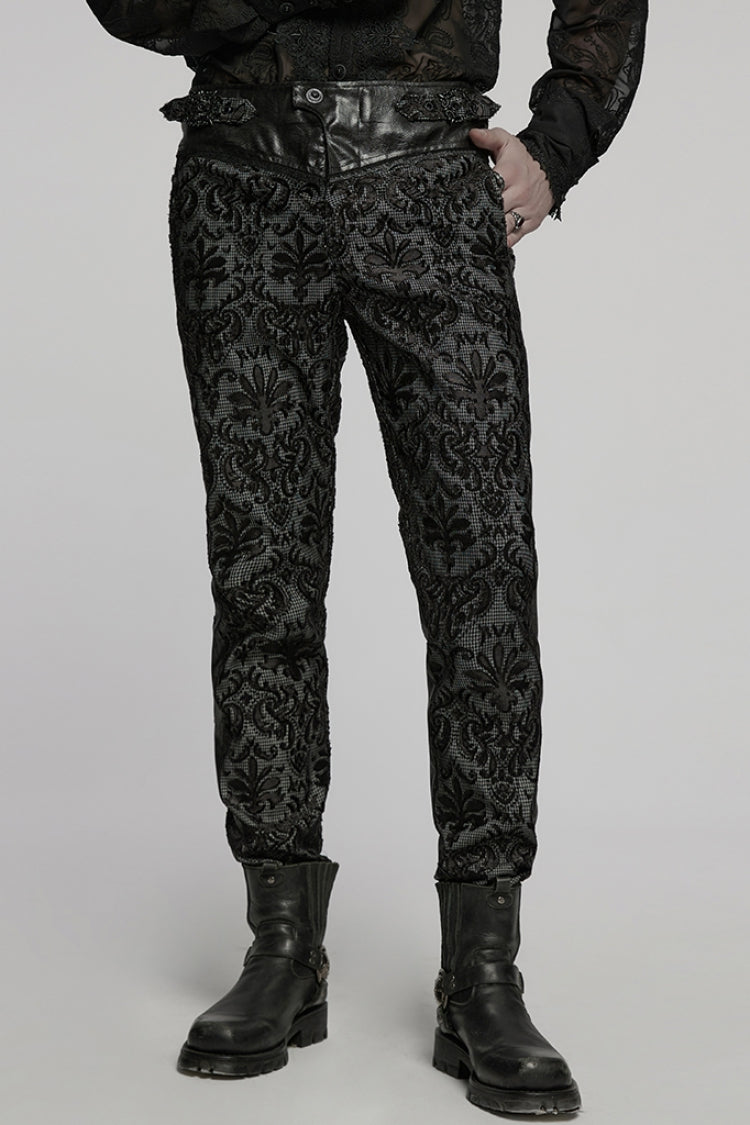 Black Print Floral Embroidery Buckle Men's Gothic Pants