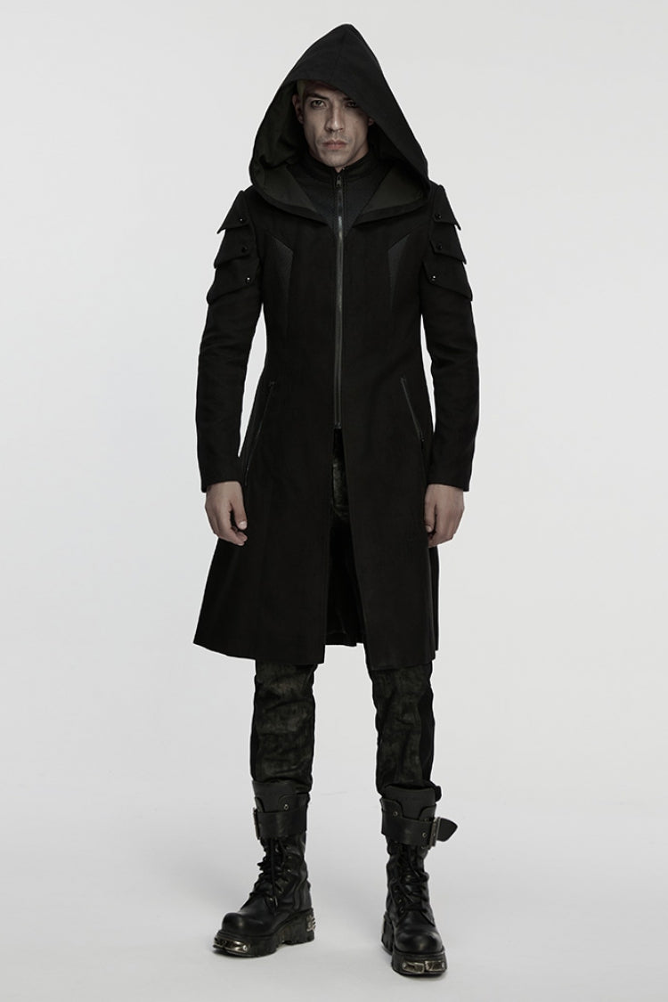 Black Stand Collar Long Sleeves Hooded Zipper Men's Punk Jacket