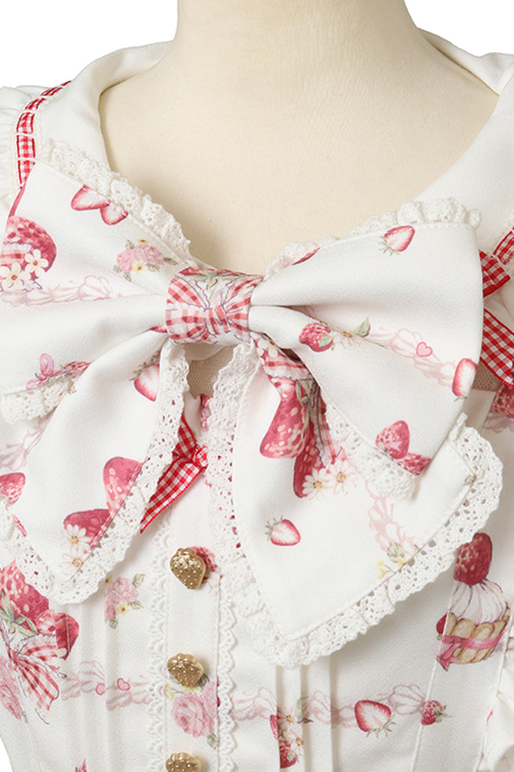 White [Creamy Berry] Print Short Puff Sleeves Ruffle Bowknot Lace-Up Sweet Jirai Kei Japanese Dress