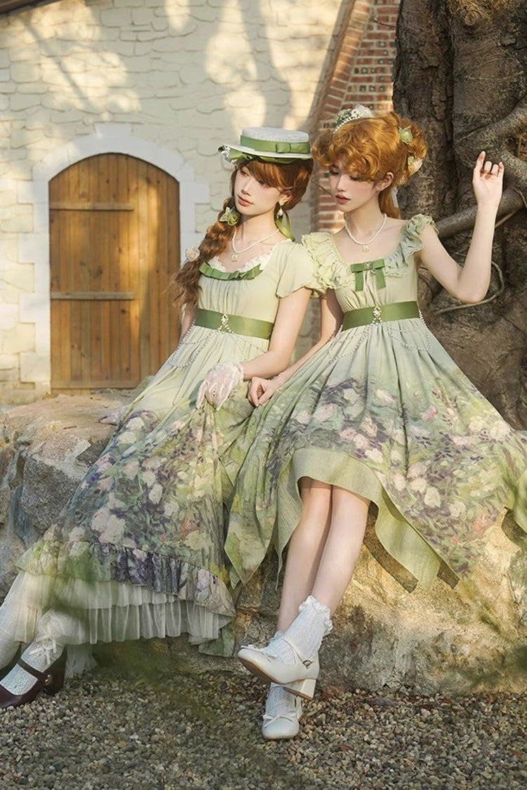 Green [Blooming Roses] Print Oil Painting Chiffon Ruffle Bowknot Irregular Sweet Lolita Jsk Dress