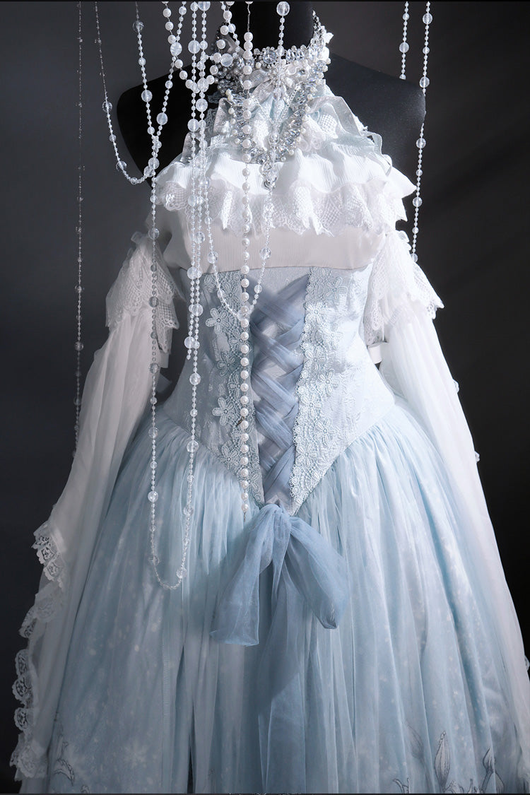 Blue [Snow Lily] Print Ruffle Hanayome Embroidery Bowknot Lace-Up Sweet Elegant Princess Lolita Skirt Set