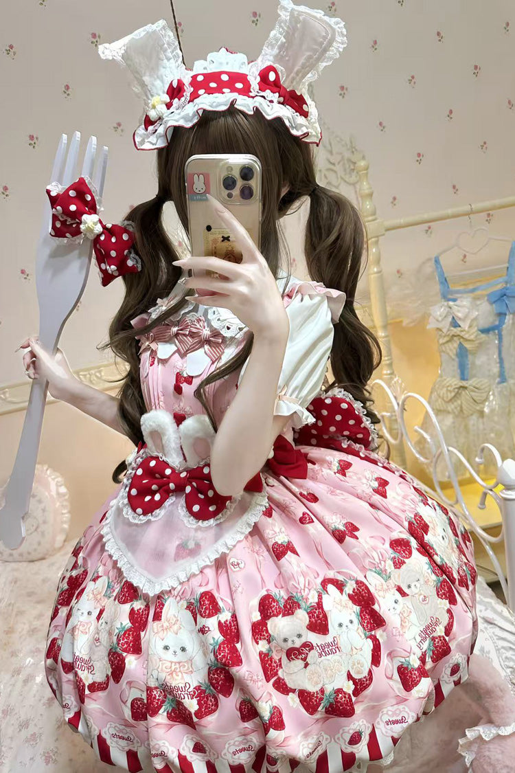 [Cream Rabbit Strawberry] Print Sleeveless Bowknot Sweet Lolita Jsk Dress 2 Colors