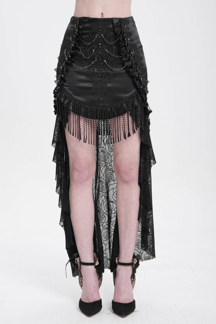 Black Embroidery Stitching Lace Mesh Women's Gothic Skirt With Train