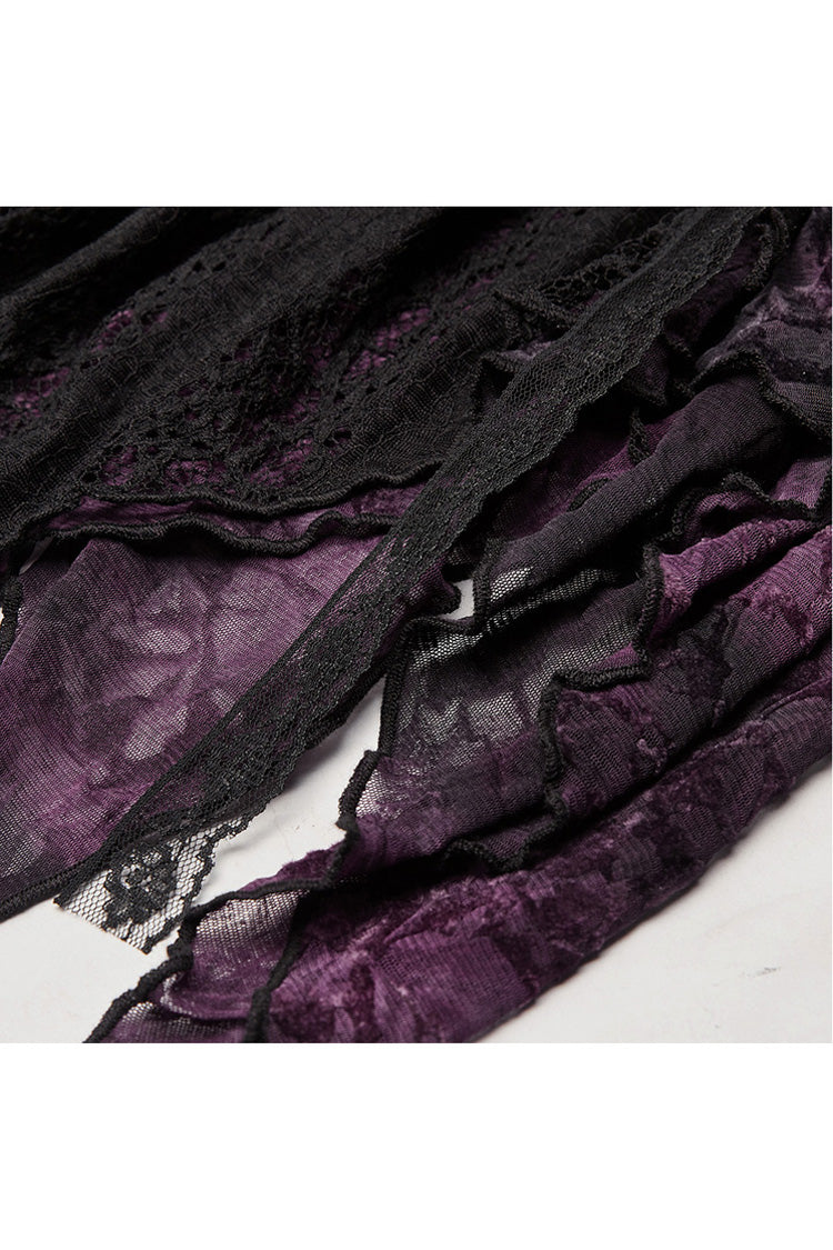 Lilafarbenes V-Ausschnitt-Vorderteil, gespleißte Rosenspitze, Netzstoff an der Rückseite, Schnürung an der Taille, unregelmäßiger Saum, Übergröße, gestricktes Gothic-T-Shirt für Damen