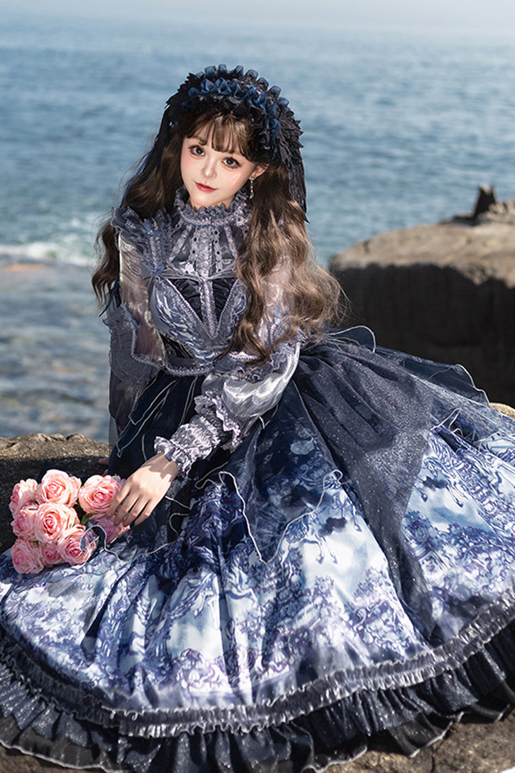 Blue [Angel Garden] Print Ruffle Bowknot Asymmetric Classic Elegant Lolita Jsk Dress