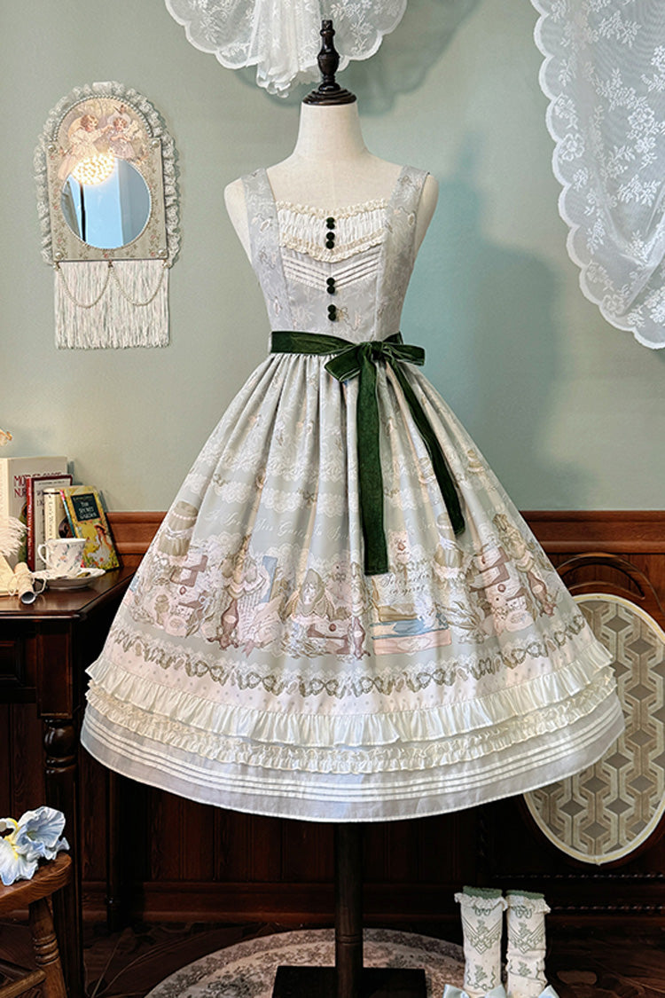 [Iris Study] V-Kragen Ärmellos Print Schleife Spitze Süßes Lolita Pullover Kleid 2 Farben
