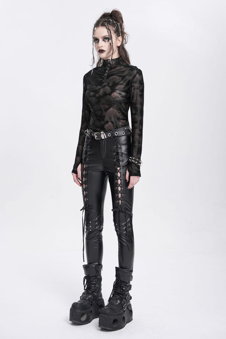 Black Stand Collar Sheer Studded Women's Punk Blouse