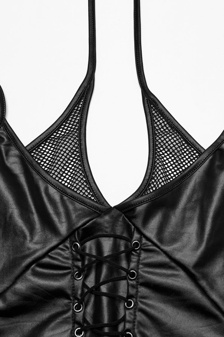 Black Halterneck Sleeveless Lace-Up Plunging Irregular Women's Punk Vest