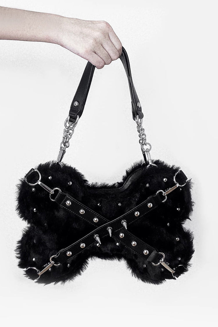 Punk Y2K Bone Shaped Fluffy Studded Chain-Decorated Crossbody Shoulder Bag Handbag 2 Colors