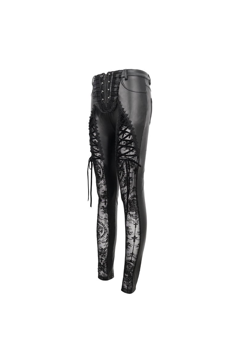 Black Flocked Stretch Slim Thigh Lace String Adjustable Women's Gothic Leggings