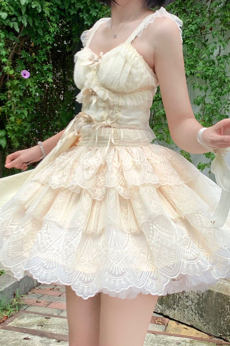 Ivory [Tidal] Triple-Layered Ruffle Bowknot Sweet Lolita Skirt 2 Versions