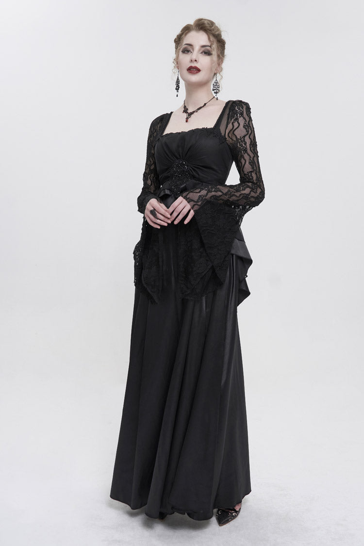 Black Lace Pointy Large Sleeves Back Middle Zipper Satin Long Floor Length Women's Gothic Dress