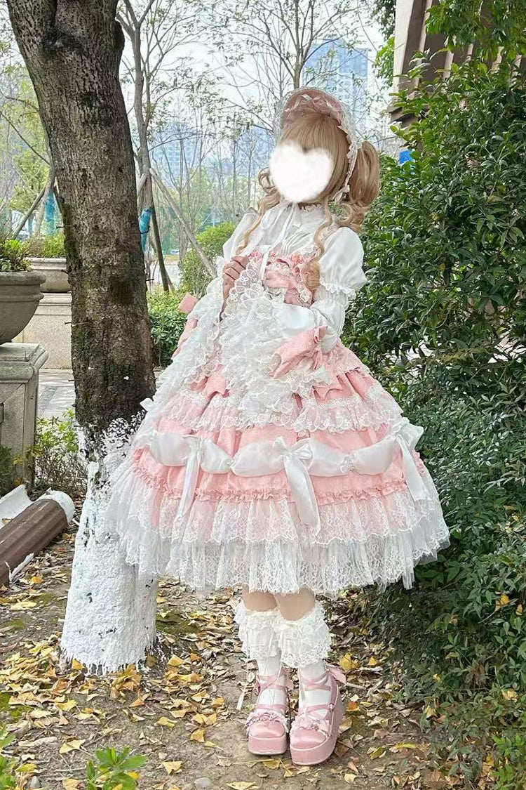 Pink Sleeveless Multi-Layered Ruffle Bowknot Lace Sweet Plus Size Lolita Jsk Dress