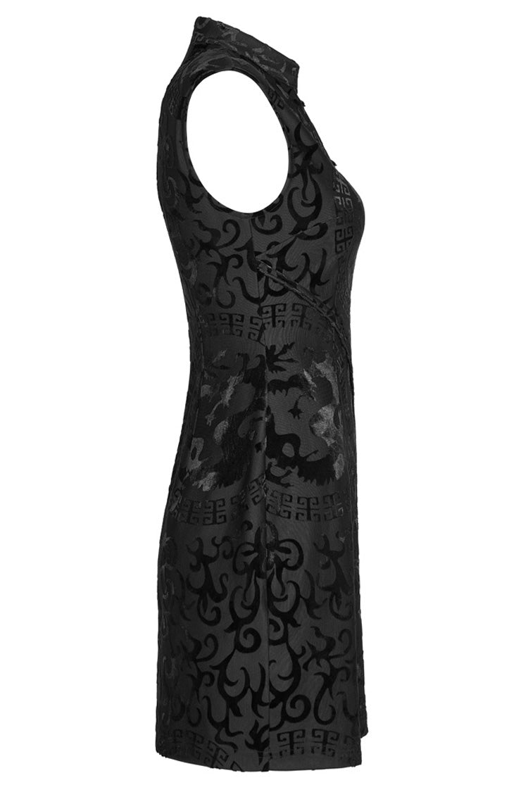 Black Chinese Style Stretch Velvet Burning Flower Dragon Totem Pattern Decoration Small Slit Hem Sleeveless Women's Gothic Dress