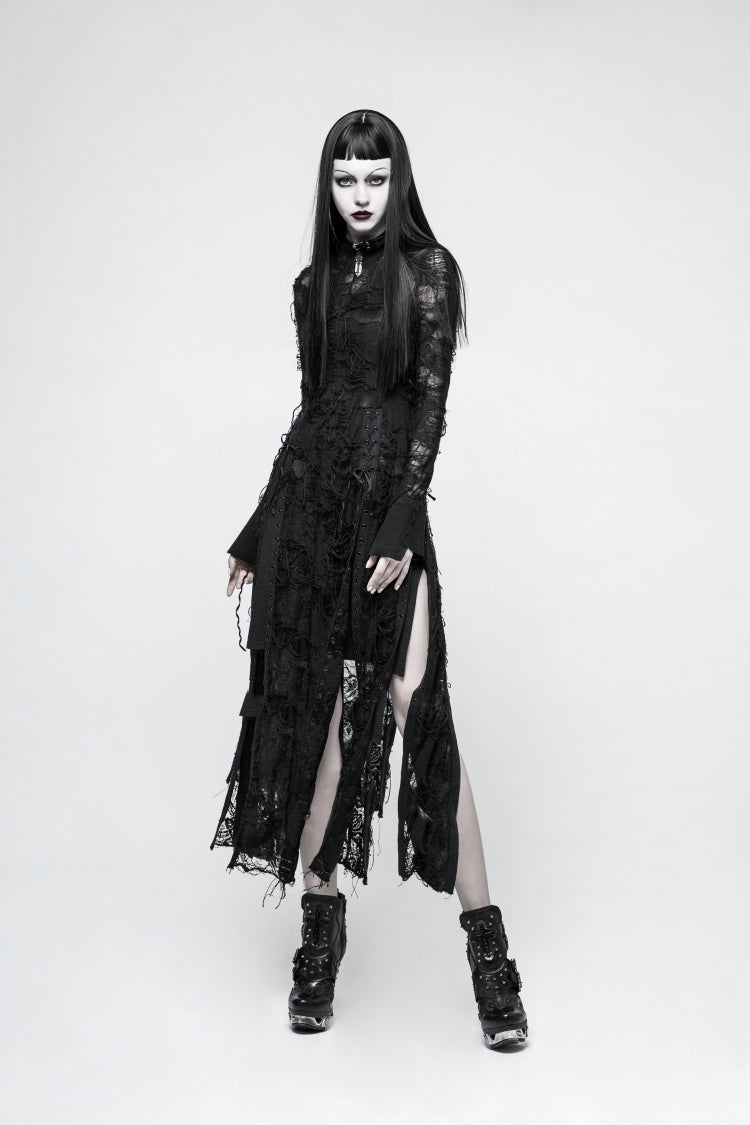 Black Stand Collar Long Trumpet Sleeves Lace Lace-Up Ripped Women's Punk Vintage Dress