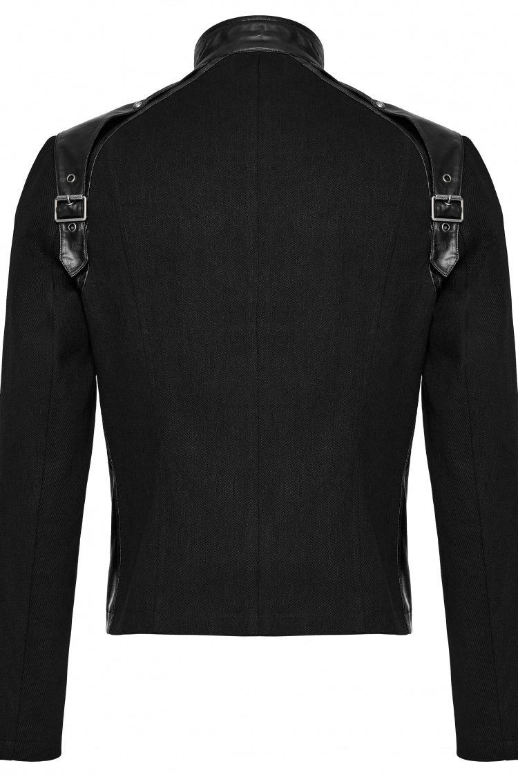 Black Round Collar Multi-Buckles Straps Faux Leather Men's Punk Jacket
