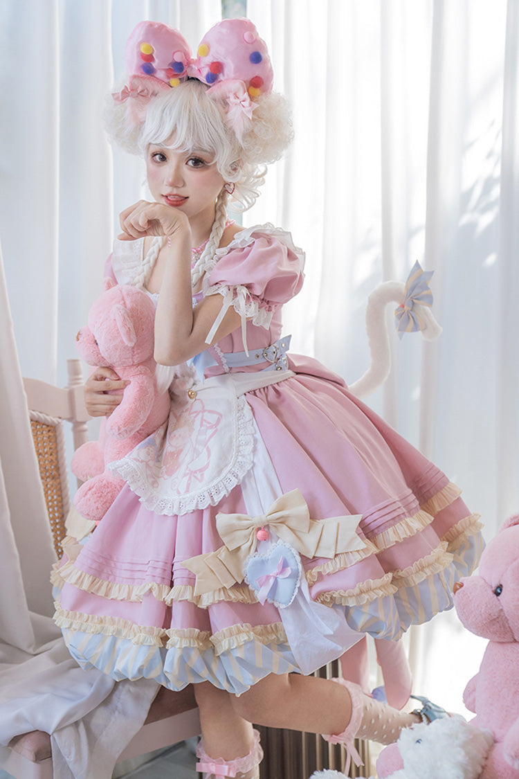 Pink Short Sleeves Print Ruffle Bowknot Lace-Up Sweet Princess Lolita Dress Set