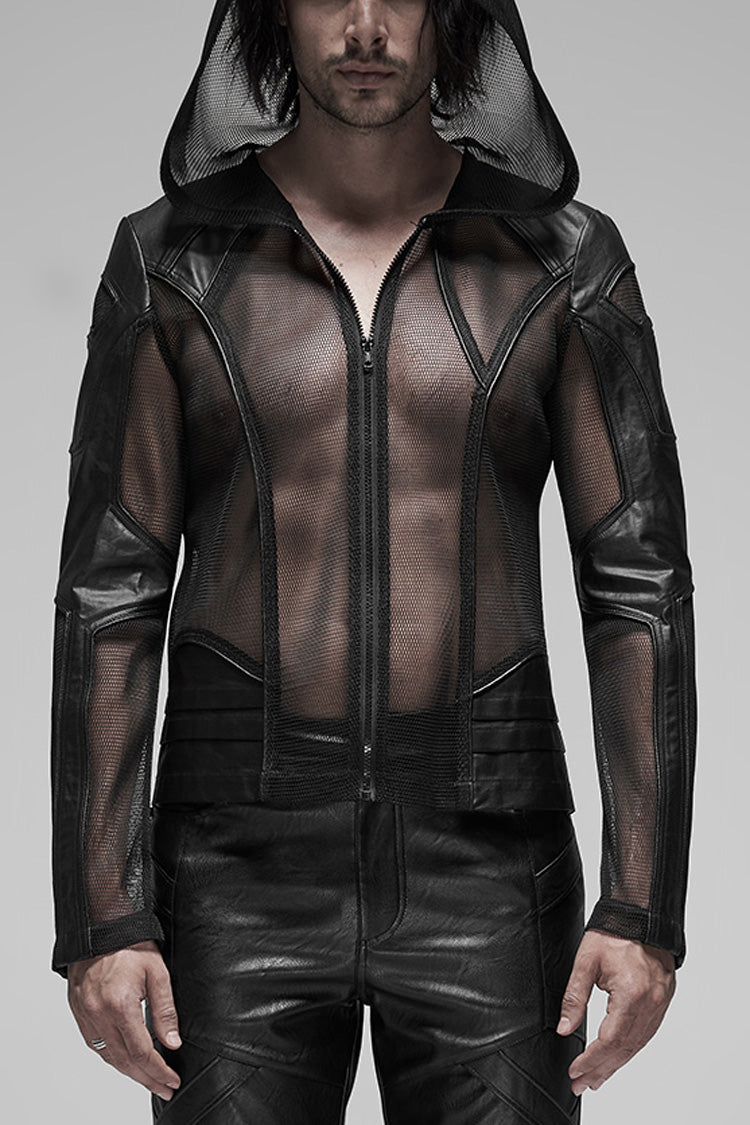 Black Long Sleeves Hooded Mens Translucent Steampunk Coat