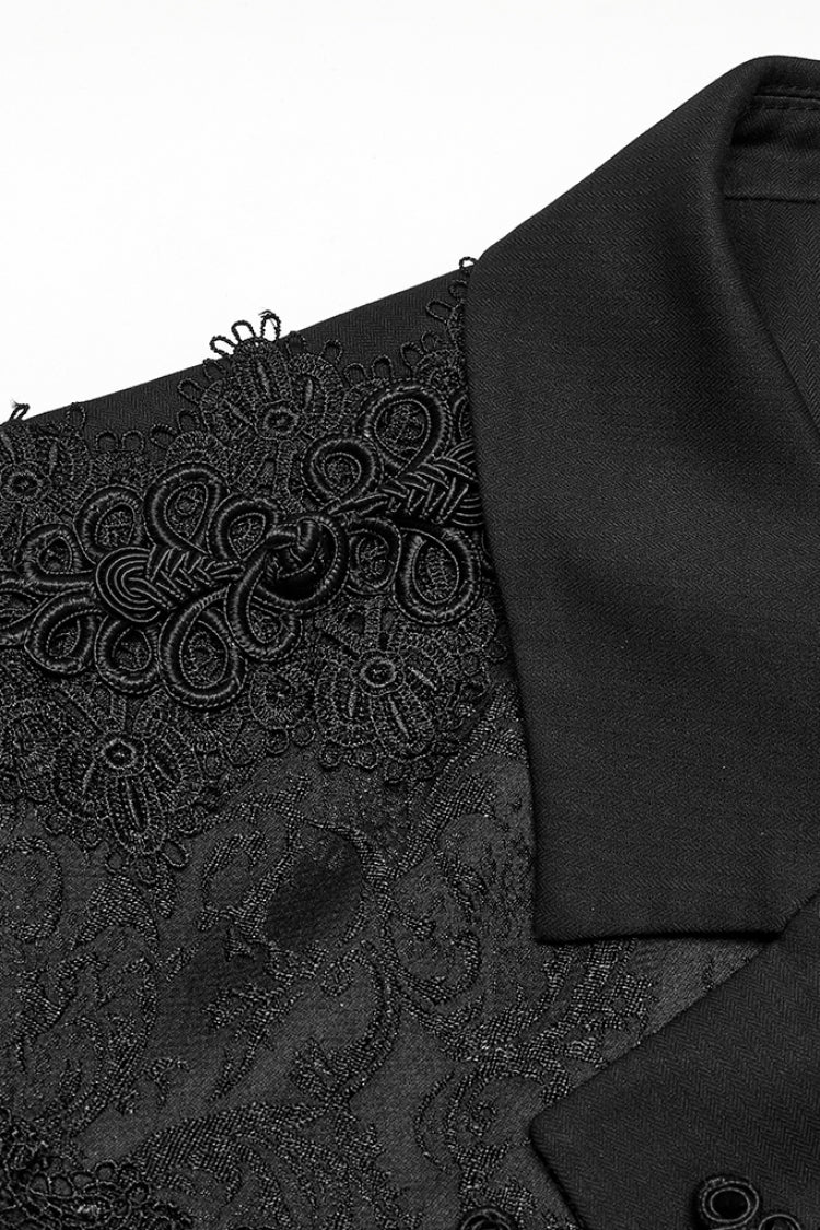 Black Lapel Collar Long Sleeves Frog Jacquard Embroidery Men's Gothic Coat