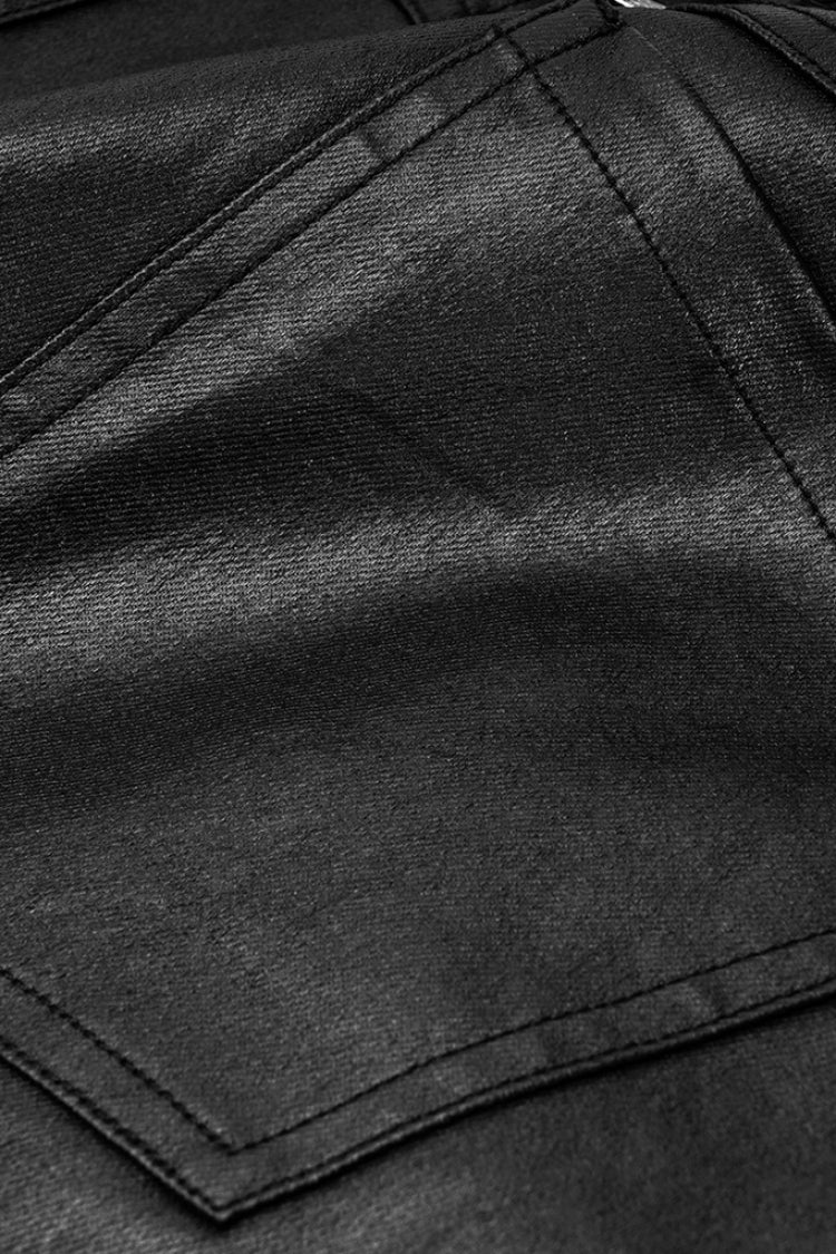 Black Faux Leather Metal Buckle Side Zipper Men's Steampunk Pants