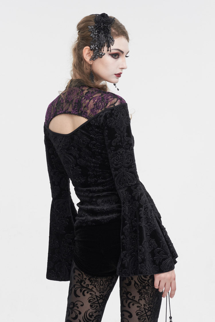 Black Cutout Flared Sleeved Floral Embossed Women's Gothic Shirt