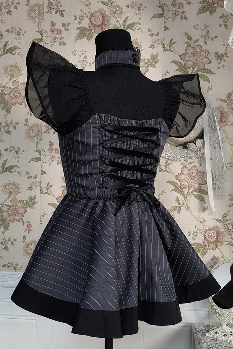 Grey Stripe Print Ruffle Bowknot Gothic Japanese Maid Lolita Dress