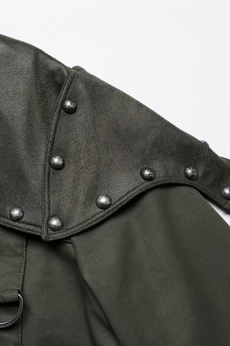 Green Stand Collar Long Sleeves Stitching Faux Leather Women's Gothic Military Jacket