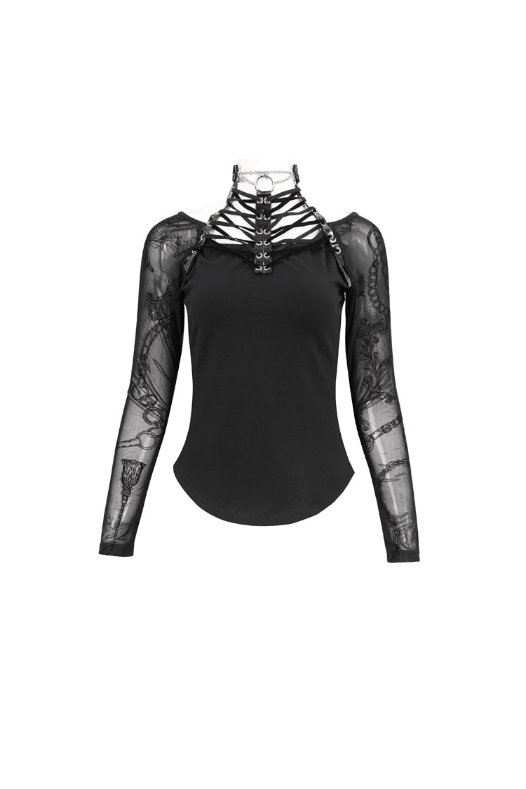 Schwarzes, schulterfreies Punk-T-Shirt für Damen mit Stretch-Stricknähten, beflocktem Aufdruck, Kragen und Bindeseil