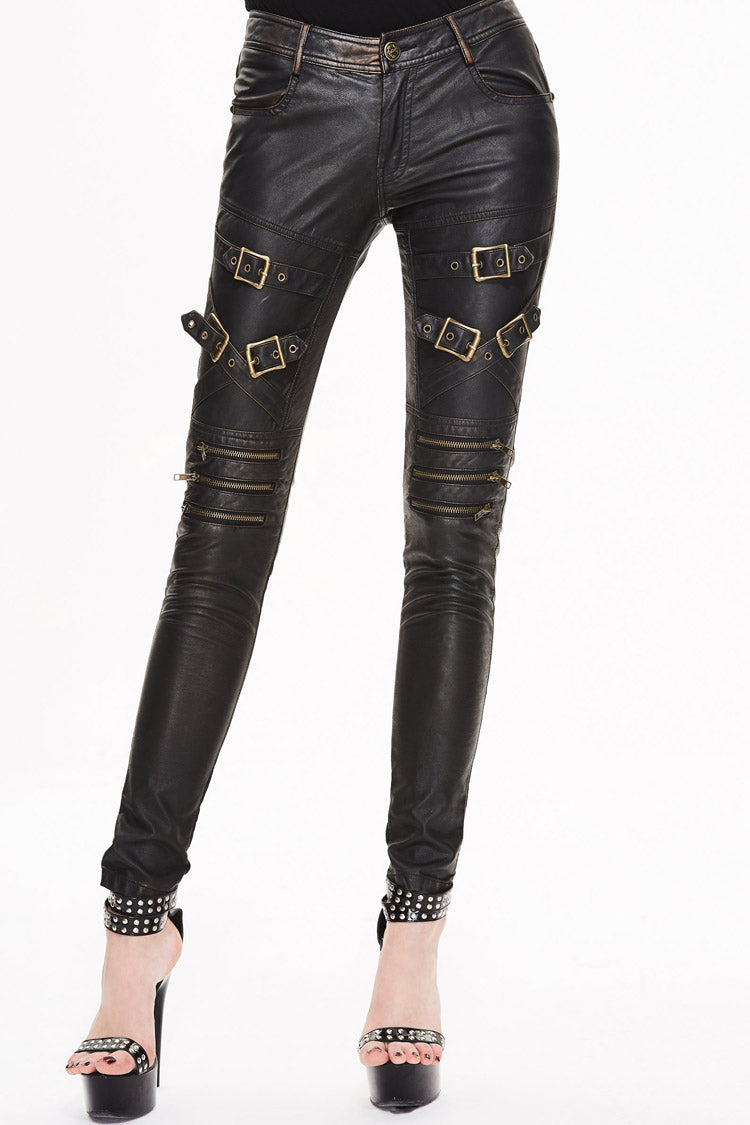 Black/Bronze Metal Zipper Decoration Metal Buckle Leather Leg Loop Leather Women's Punk Pants