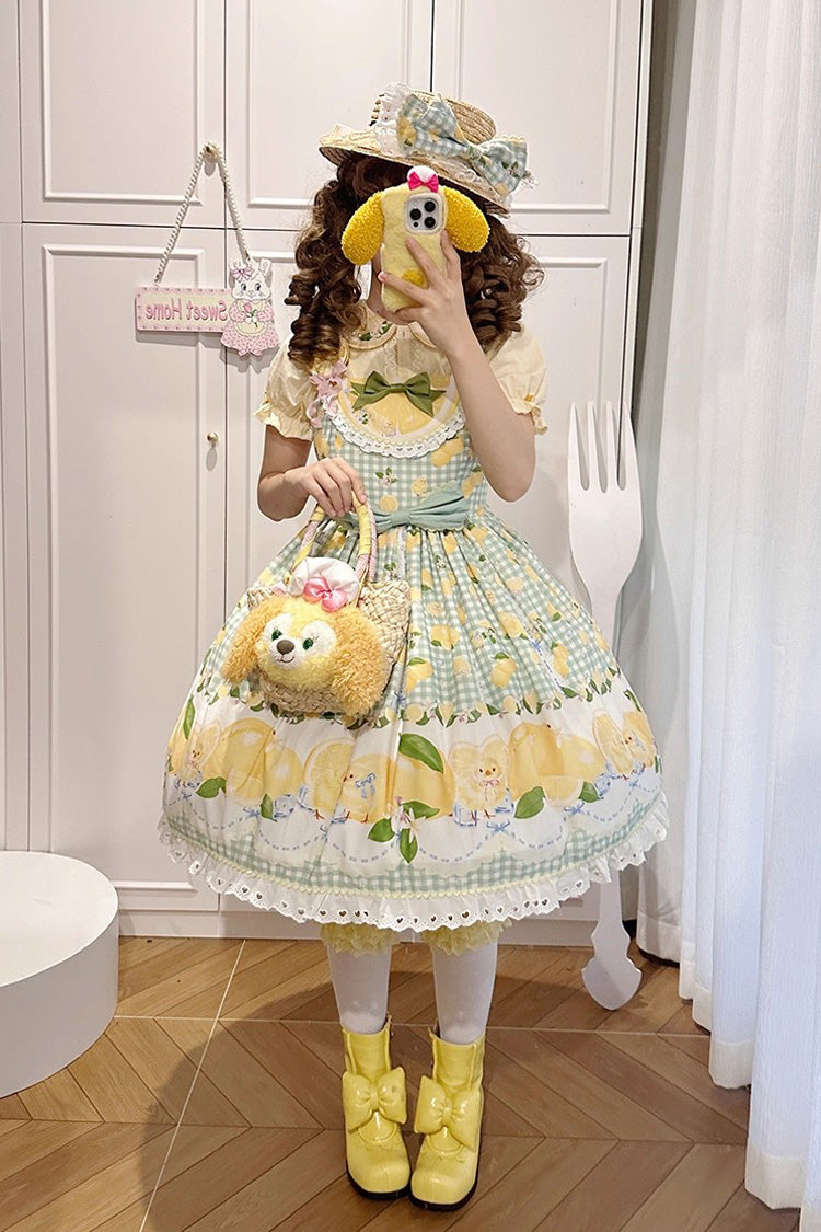 Green [Lemon Chicken] Print Ruffle Bowknot Lace Sweet Lolita Jsk Dress