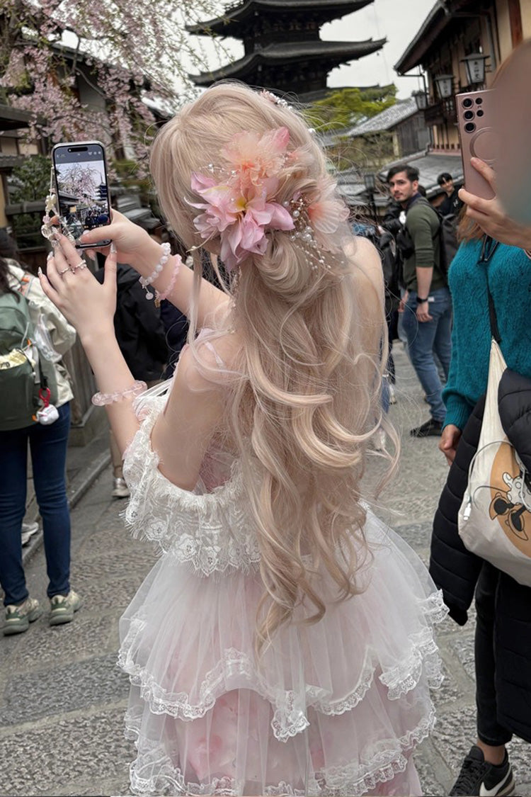 Pink [Sakura Trio] Sleeveless Double-Layered Ruffle Bowknot Lace Sweet Princess Lolita Jsk Dress