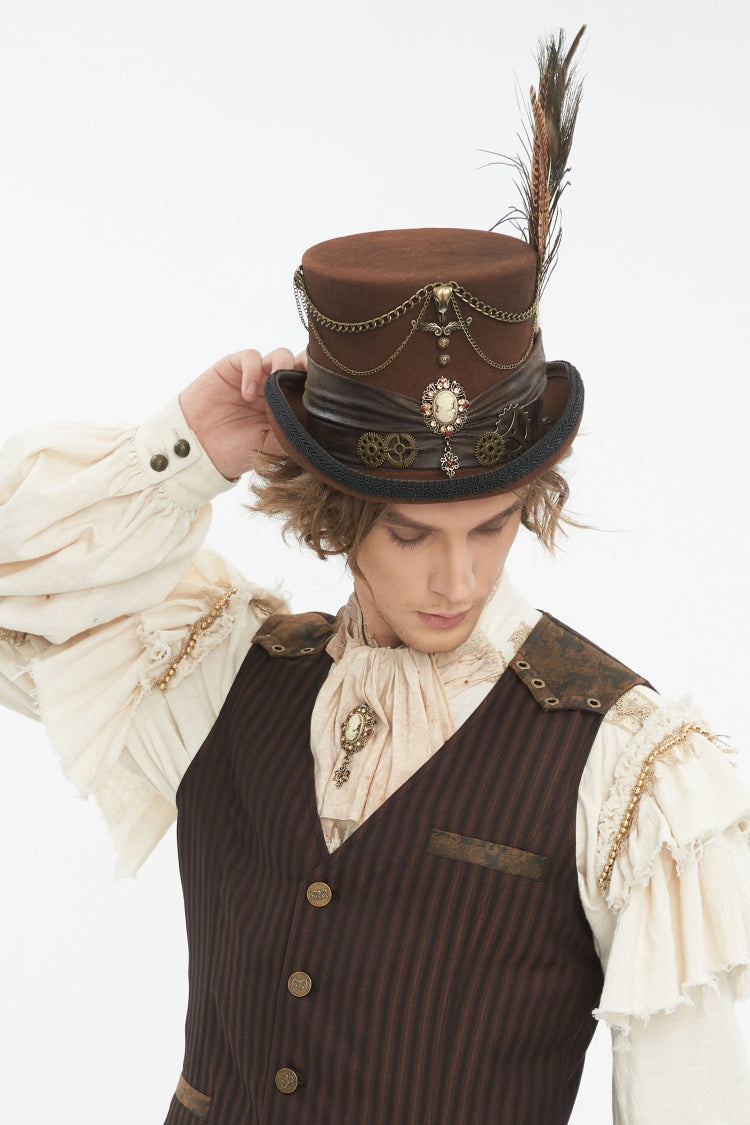 Brauner, mit Ketten verzierter Herren-Gothic-Accessoire-Gang-Feder-Zylinderhut