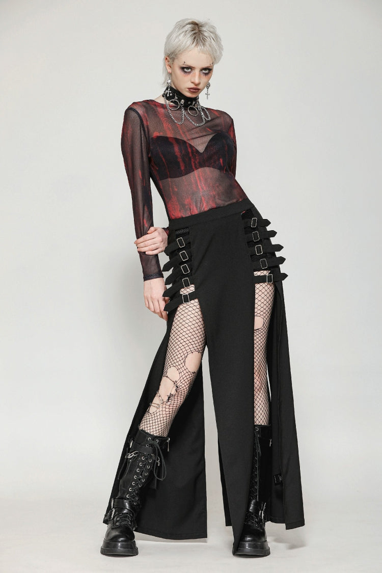 Schwarzer, mit Schnallen versehener, langer Punk-Rock für Damen mit seitlichem Schlitz und Reißverschluss