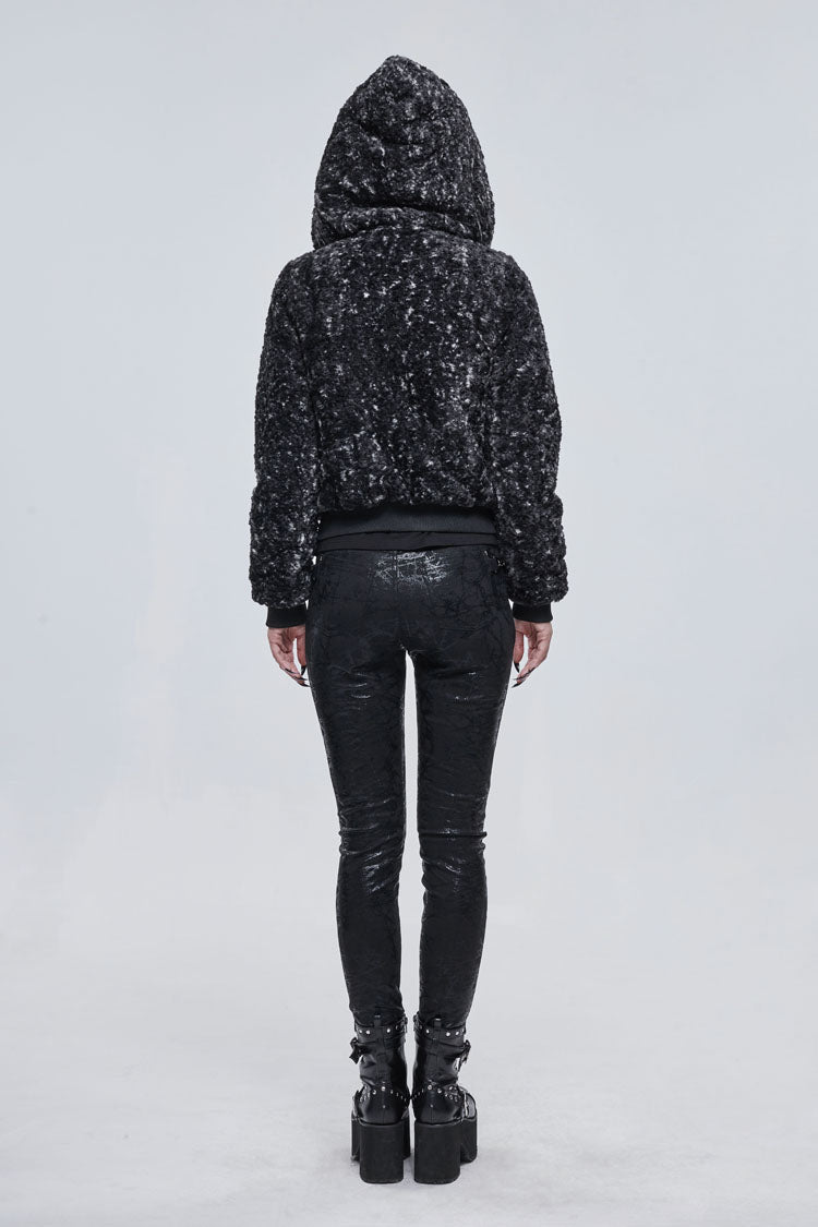 Black/White Two Tone Woolen Grain Fleece Metal Five Pointed Star Zipper Women's Punk Coat