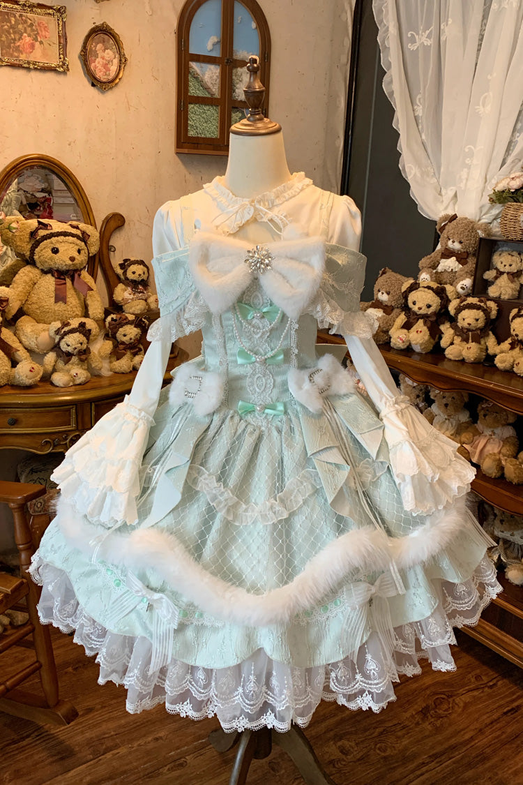 Green [Snowfall Letter] Off Shoulder Sleeveless Faux Fur Bow Lace-Up Corset Waist Lace Ruffle Tiered Sweet Fall Winter Lolita JSK Dress
