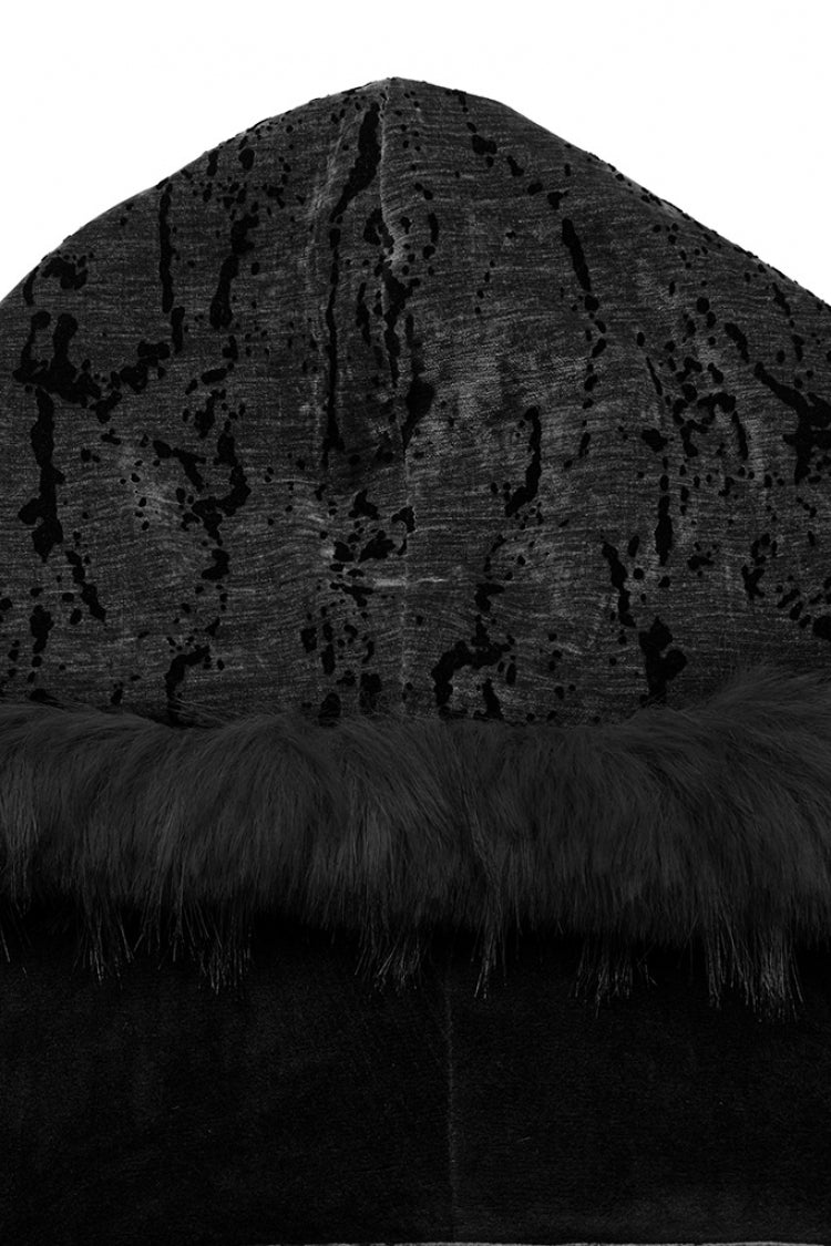 Black Long Sleeves Faux Fur Stitching Lace-Up Hooded Women's Gothic Coat