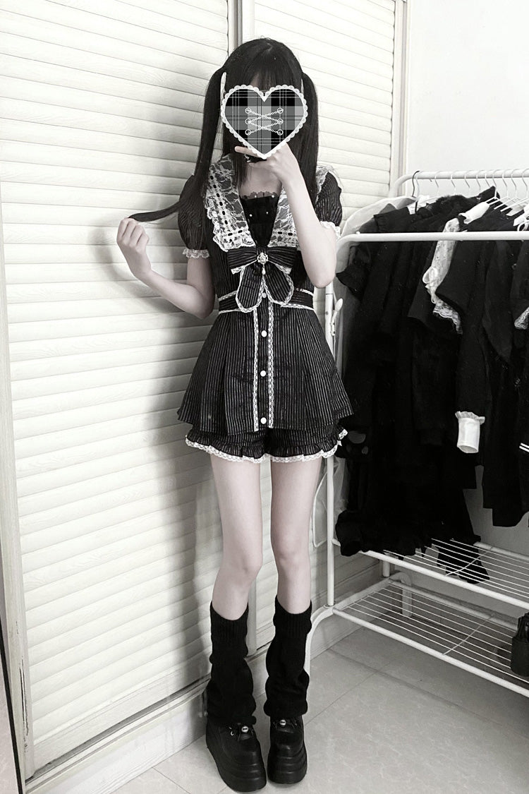 Black [Serenade] Short Sleeves Ruffle Bowknot Lace Sweet Jirai Kei Dress Set