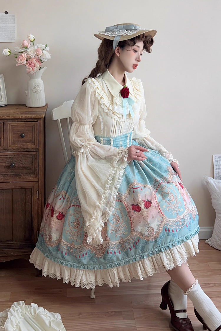 Blue [Moonlit Garden Secret] Print Ruffle Embroidery Lace Sweet Elegant Palace Lolita Skirt