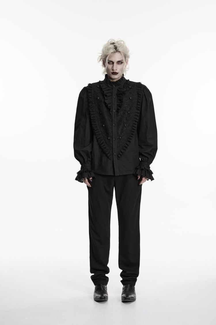 Black Stand Collar Long Puff Sleeves Embroidered Lace Men's Shirt
