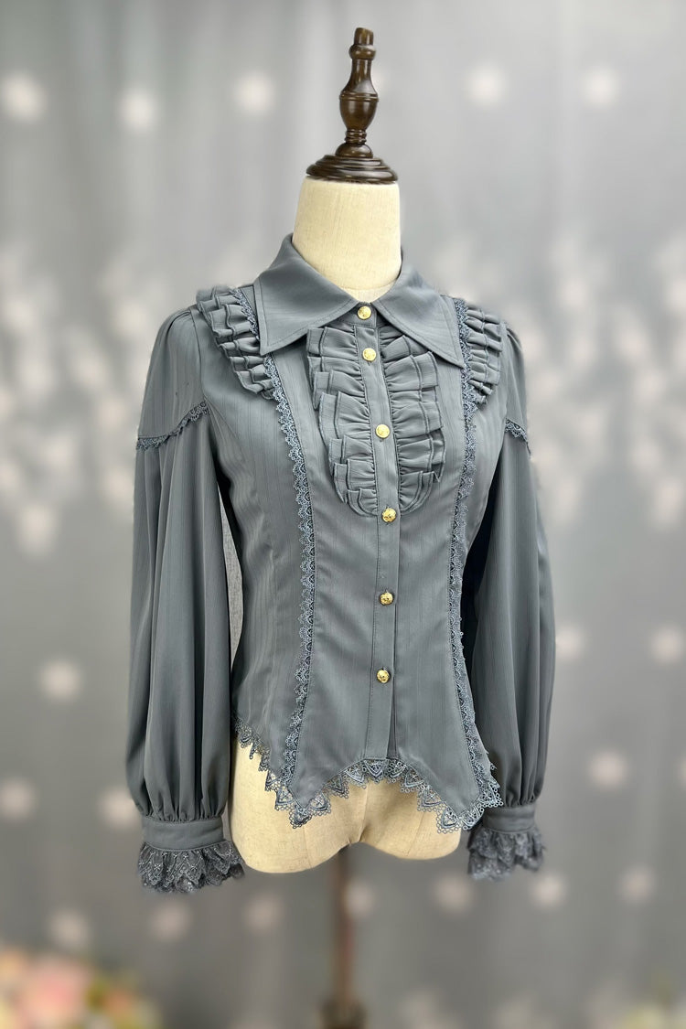 [Späte Nacht] Reverskragen Langarm Rüschen Spitze Schlanke Süße Lolita Bluse 6 Farben 